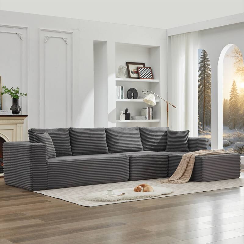 Modular Sectional Sofa with L-Shape Chaise, Oversized Corduroy Upholstered Cloud Sofa, Deep Seat Sofa with 2 Throw Pillows