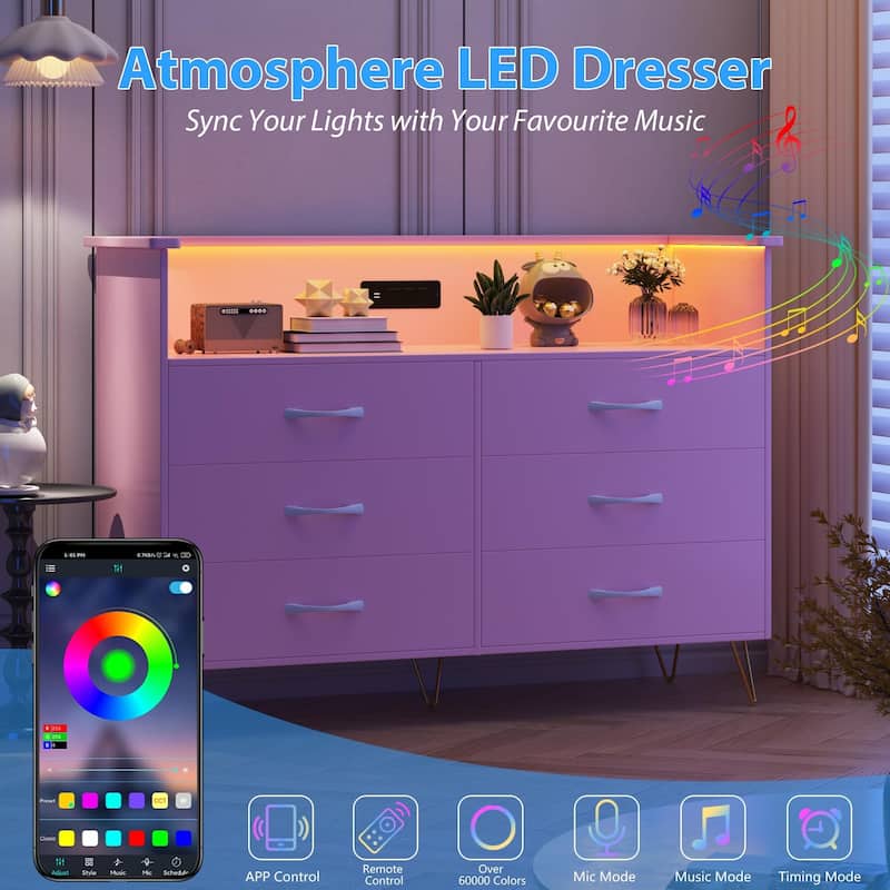Pink Dresser with LED Light for Bedroom 6 Drawer
