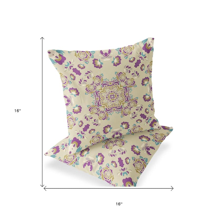 HomeRoots Set of Two 16" X 16" Beige and Purple Blown Seam Floral Indoor Outdoor Throw Pillow - 16.00' X '16.00' X '5.00
