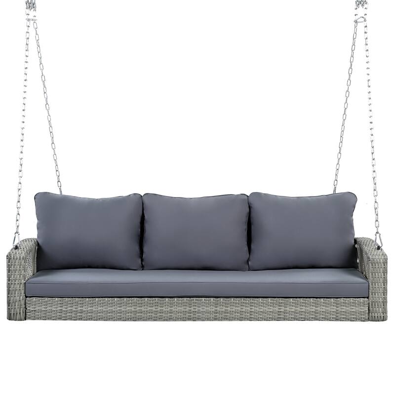PE Wicker 3-Person Porch Swing with Includes Cushions and Chains, 800lb Capacity