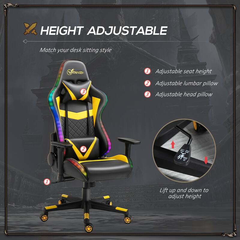 Vinsetto Gaming Chair with RGB LED Light, 3D Arm, Lumbar Support, Swivel Home Office Computer Recliner High Back Racing Gamer