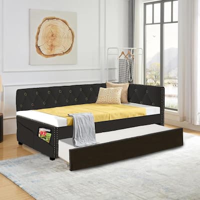 Black Twin Size Velvet Upholstered Daybed with Trundle and Button Design Backrest