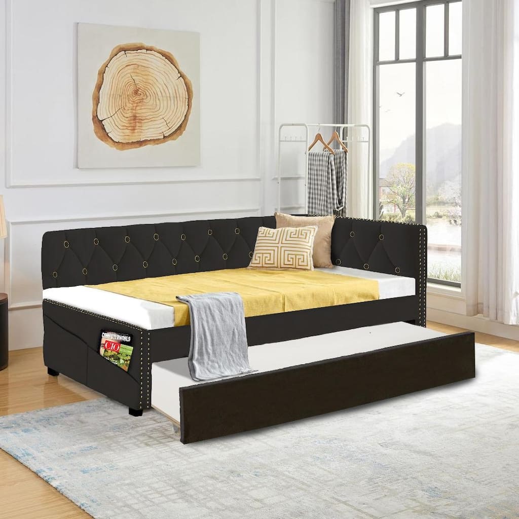 Modern Twin Daybed with Trundle, Velvet Upholstery, Gold Iron Accent, and Wooden Frame, No Box Spring Needed