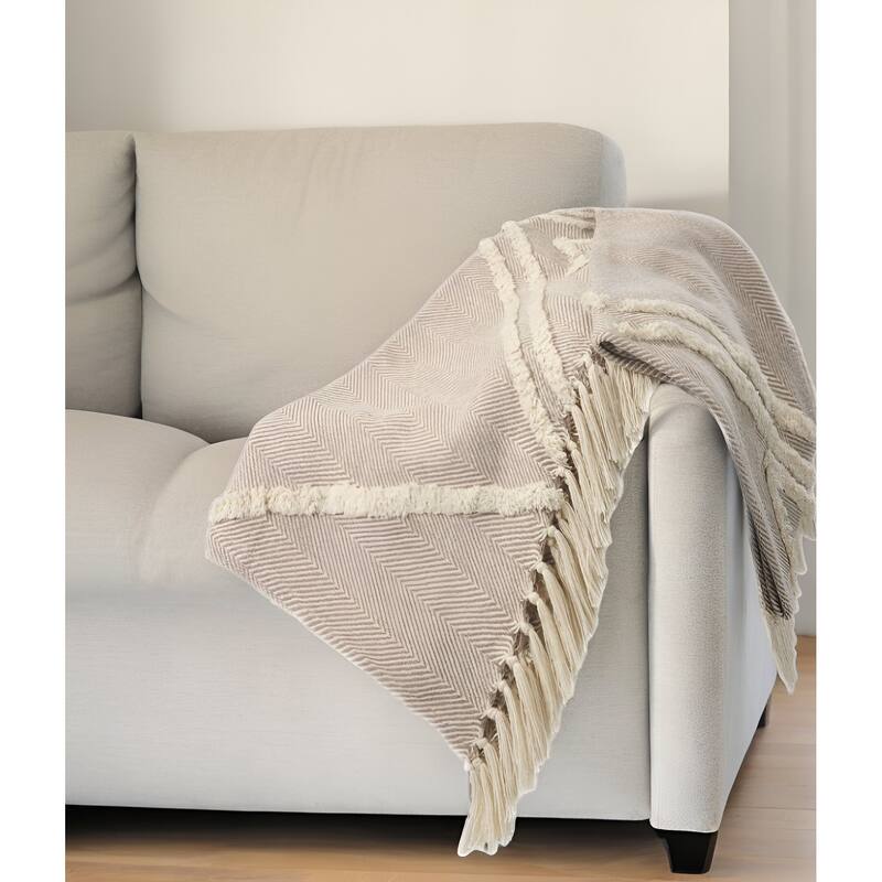 60" X 50" Cream Woven Cotton Herringbone Throw Blanket with Fringe - Throw