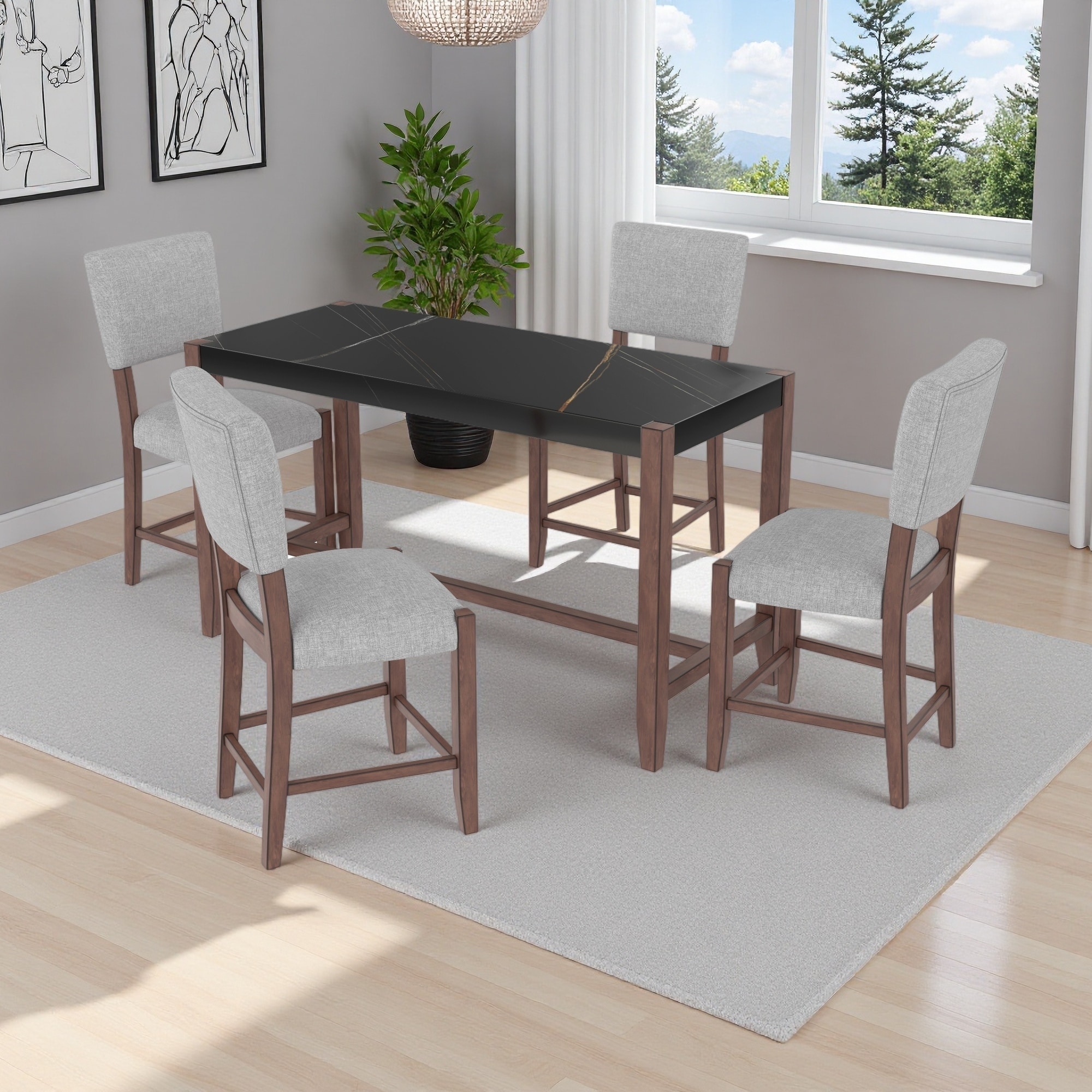 5-Piece Counter Height Dining Set, Faux Marble Bar Table & 4 Chairs