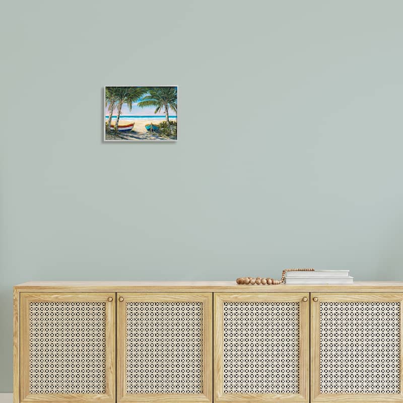 Stupell Row Boats on Beach Shore Tropical Palm Trees Framed Wall Art