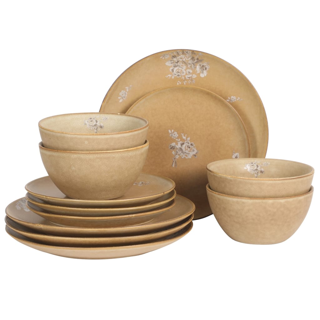 Gibson Elite Valencia Bloom 12 Piece Plates and Bowls Dinnerware Set - Taupe with Floral Decal - Microwave and Dishwasher Safe