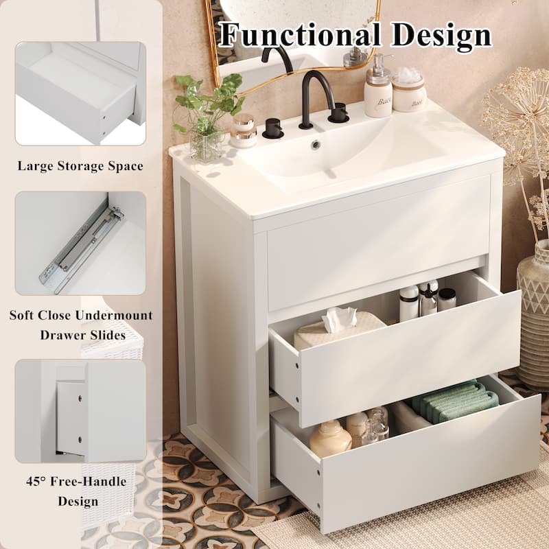30" Freestanding Bathroom Vanity with Ceramic Sink, 2 Soft Close Drawers, Beveled Handleless Design