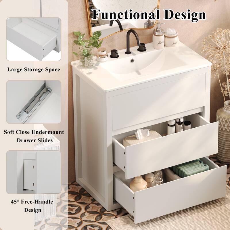 Compact 30" Bathroom Vanity Set - Ceramic Vessel Sink & 2 Soft-Close Drawers, Freestanding Design with 45° Handle-Free Cabinetry