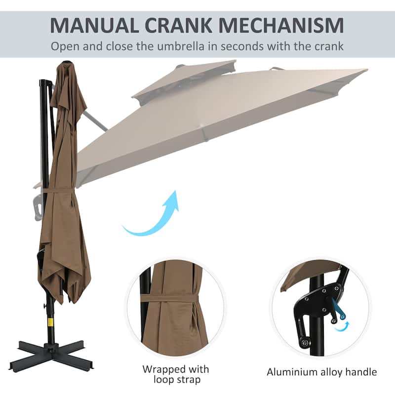 10ft Offset Patio Umbrella with 360-degree Rotation, Tilt, Crank, Cross Base, Cover, Strap, Coffee