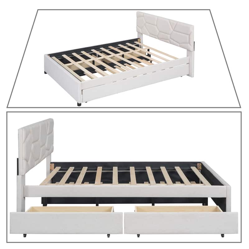 Stylish Linen Fabric Upholstered Platform Bed with Two Drawers and a Trundle Bed