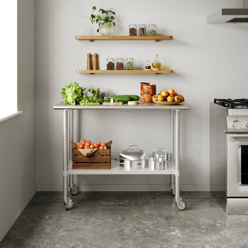 Commercial Stainless Steel 18 Gauge Worktable with Undershelf and Casters