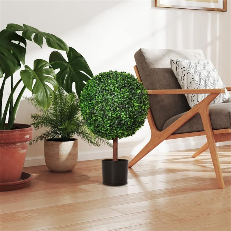 Artificial Boxwood Tree 23.5 Inch Green Faux Plant Indoor Outdoor Decorative with Cement Pot Low-Maintenance - 15" x 23.5" H
