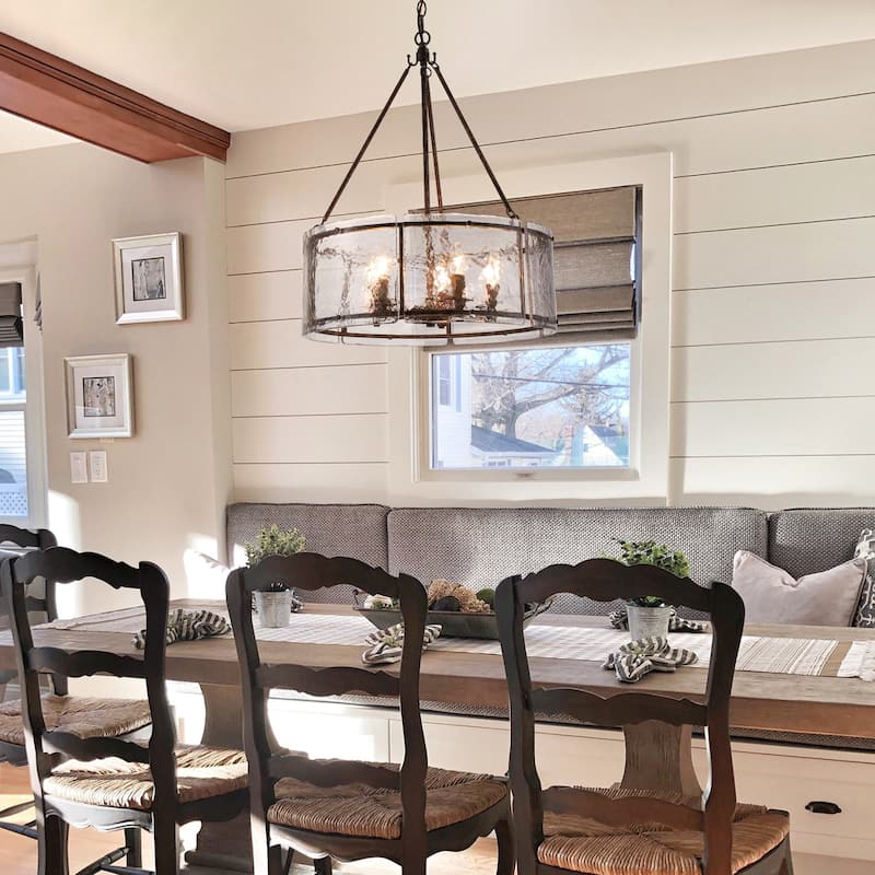 Modern 5-Light 20.5" Lantern Drum Chandelier Water Ripple Glass Pendant for Dining Room