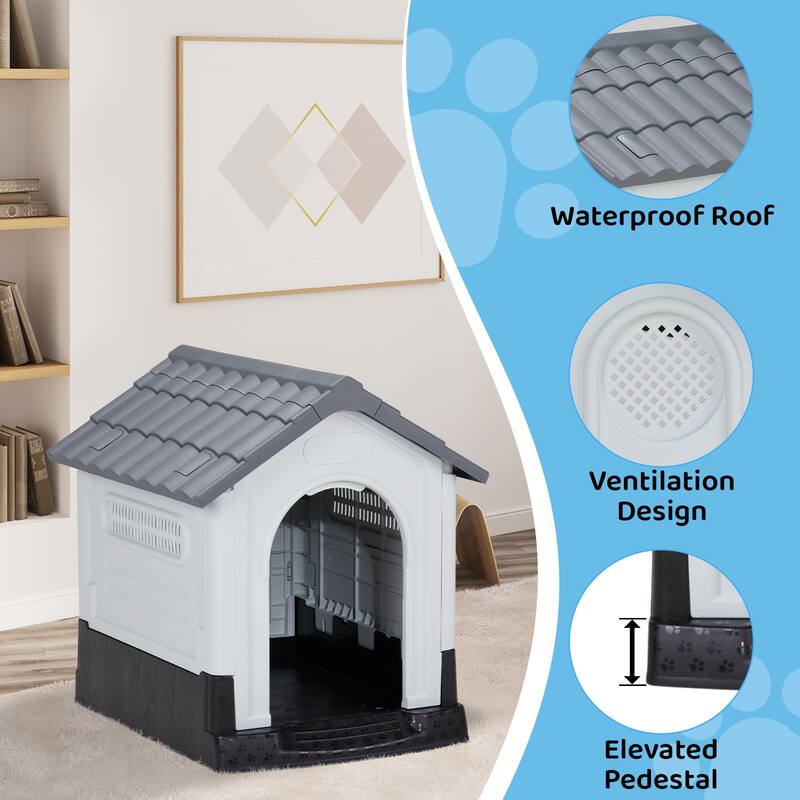 Plastic Dog House with Air Vents, Elevated Floor, Insulated Outdoor Indoor Kennel for Small Dogs
