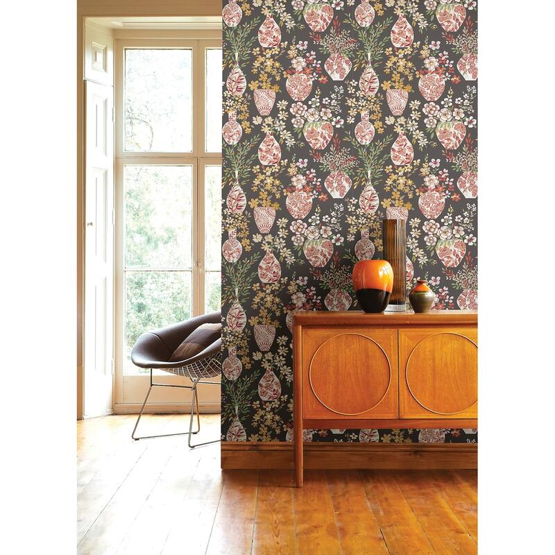 A-Street Prints Harper Brown Floral Vase Wallpaper