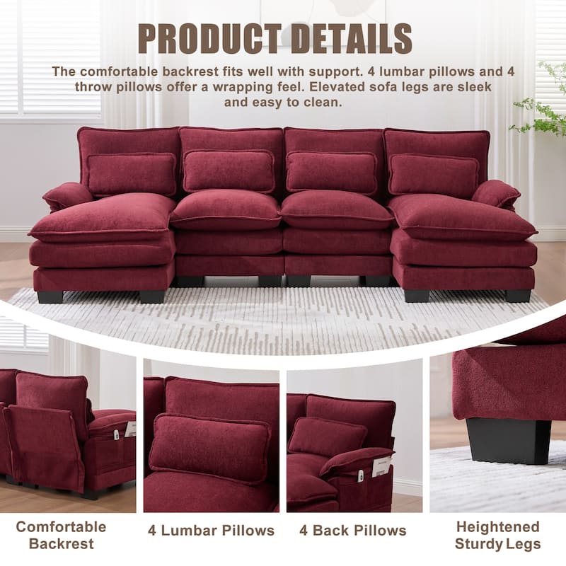 HOMEFUN Chenille Upholstered U-Shaped Modular Wood Frame Sleeper Sectional Sofa with Double Chaise