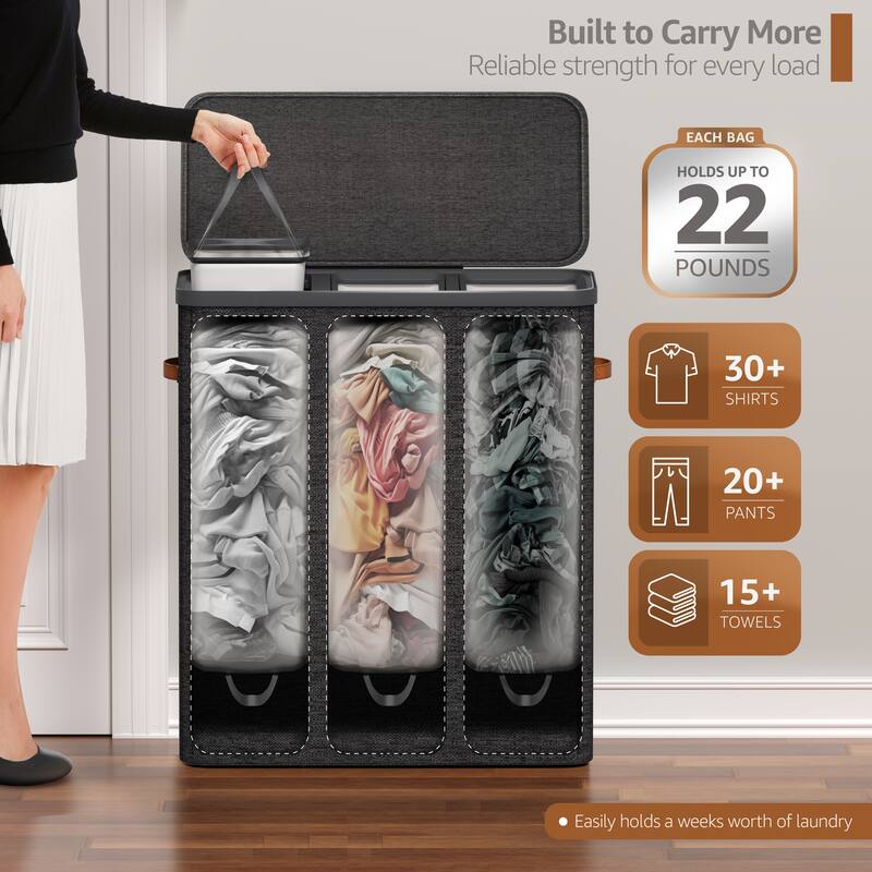 Sorbus 3-Compartment Laundry Basket with Removable Laundry Bag - Durable Organizer for Bathroom. - 25" W x 15.75" D x 29.5" H
