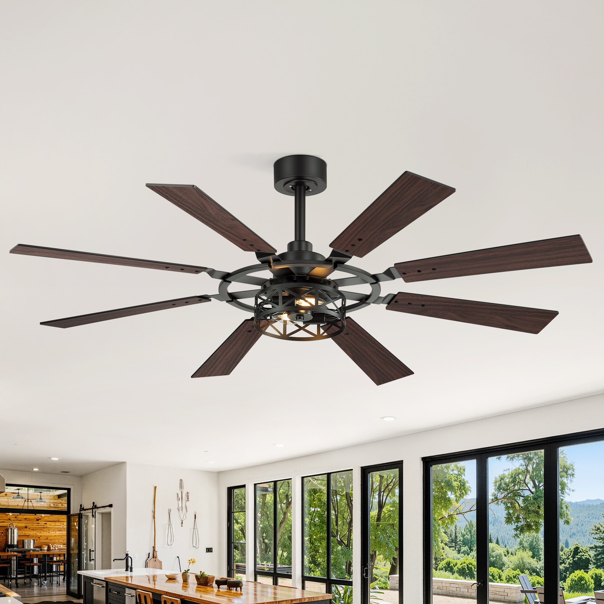 52/65 Inch Modern Farmhouse Ceiling Fan with Light, Black and Wood Grain Reversible Blades, Quiet DC Motor, Remote Control
