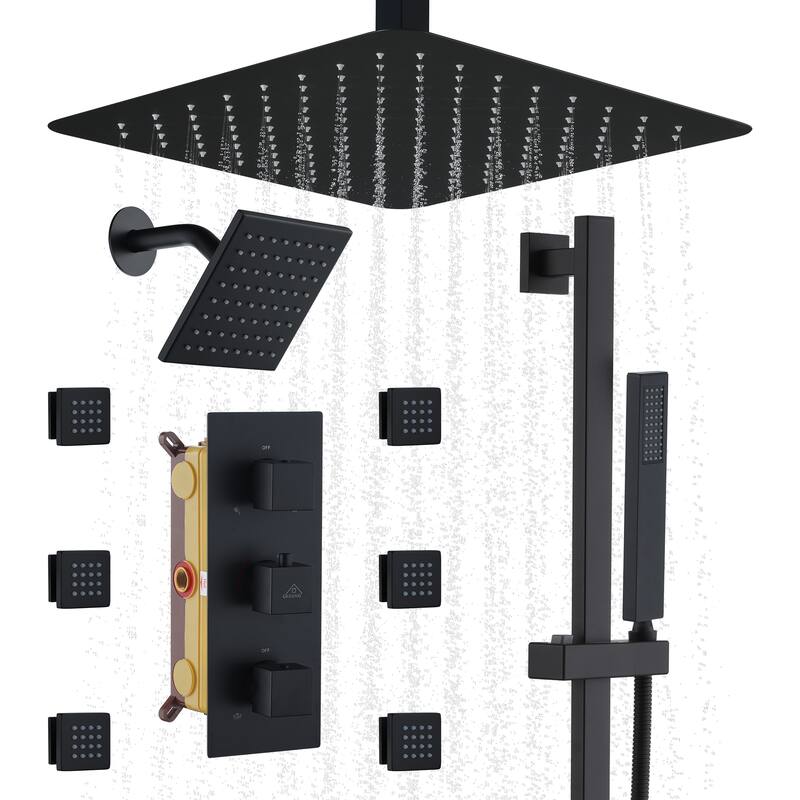 CASAINC Dual Heads High Pressure 16 Inch 4 Function Shower Head Shower System with Sliding Rod Handheld Shower and 6 Body Jet