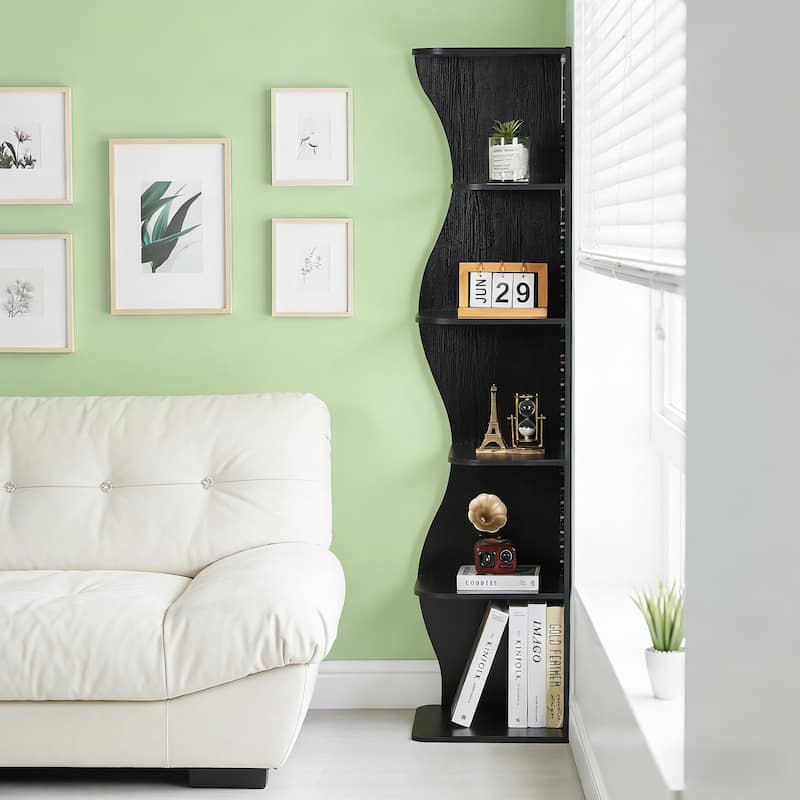Javlergo 5-Tier Corner Bookshelf with LED Light Strip Seagrass Wave Design Tall Corner Bookcase with Lights for Living Room