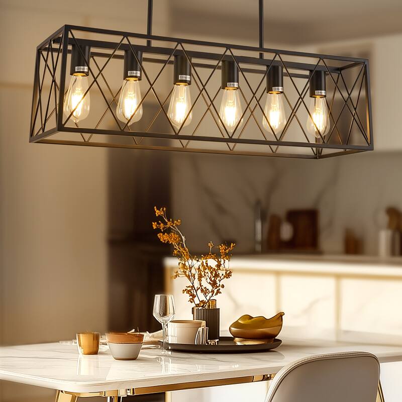 YANSUN 6-Light All-Black Iron Frame Island Pendant Light with Cross-Mesh Design and Hanging Rod, E26 Base