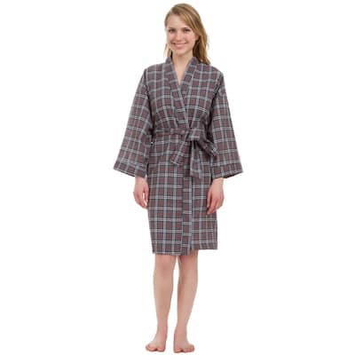 Leisureland Women's Knee Length Grey Plaid Robe