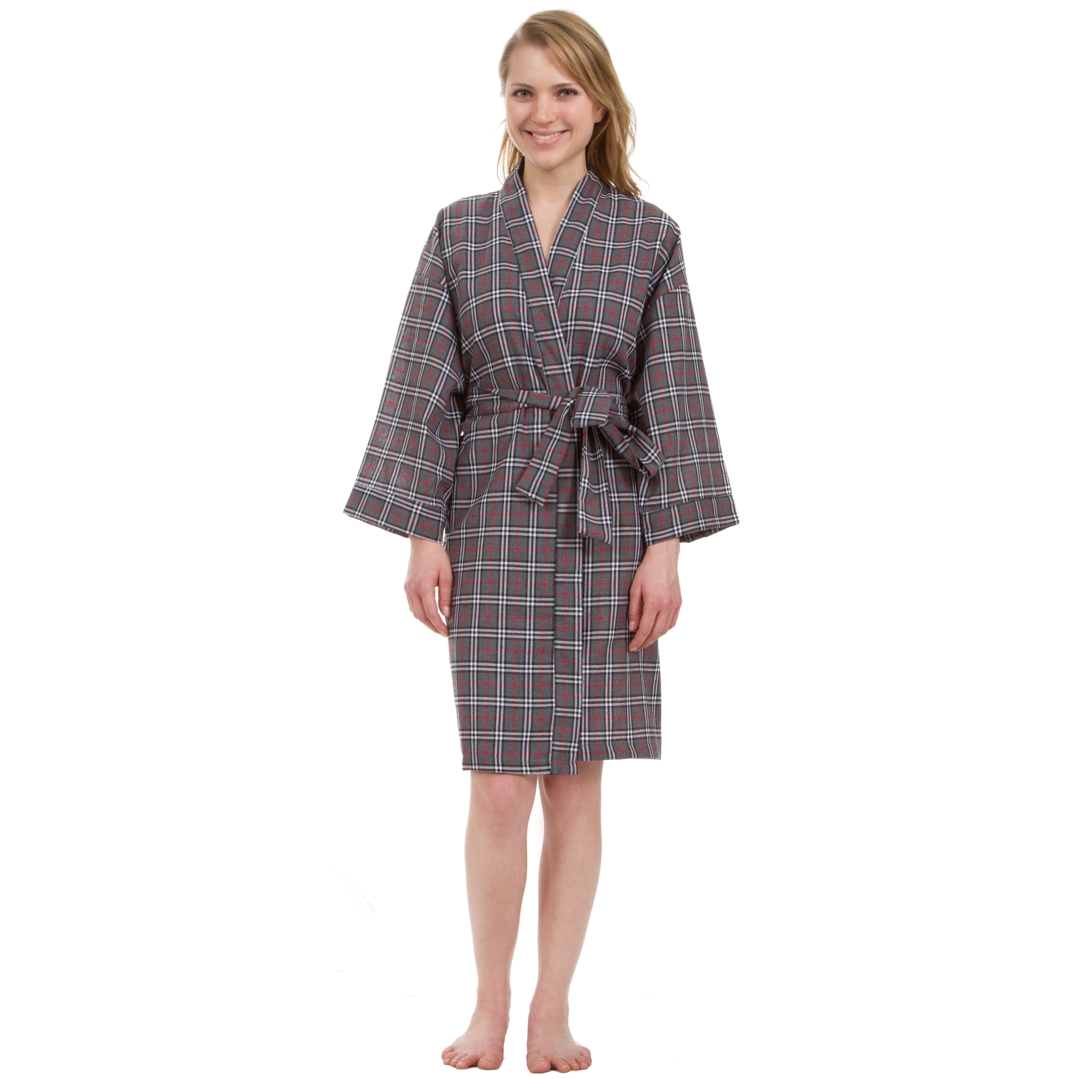 Leisureland Women's Knee Length Grey Plaid Robe