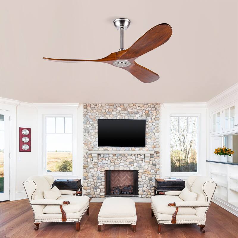 52" Solid Wood Ceiling Fan, Outdoor, 3 Blade, No Light, for Patio Living Room Bedroom Porch, Remote Control, Water Resistant