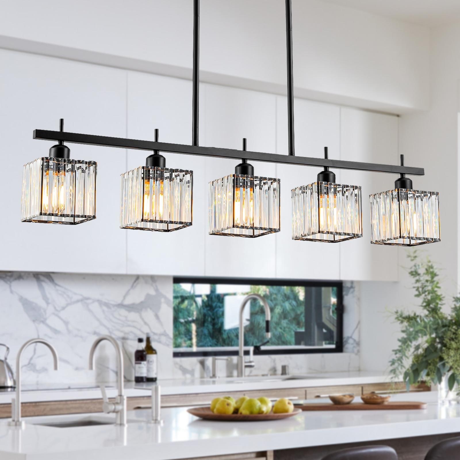 Starsky 5-Light 40in. Modern Glass Crystal Chandelier Cluster Linear Kitchen Island Light - Black
