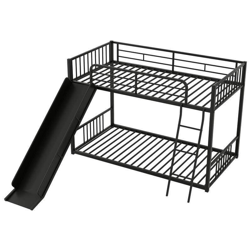 Twin Over Twin Metal Bunk Bed with Slide, Black - Space-Saving Kids Bed with Safety Railings