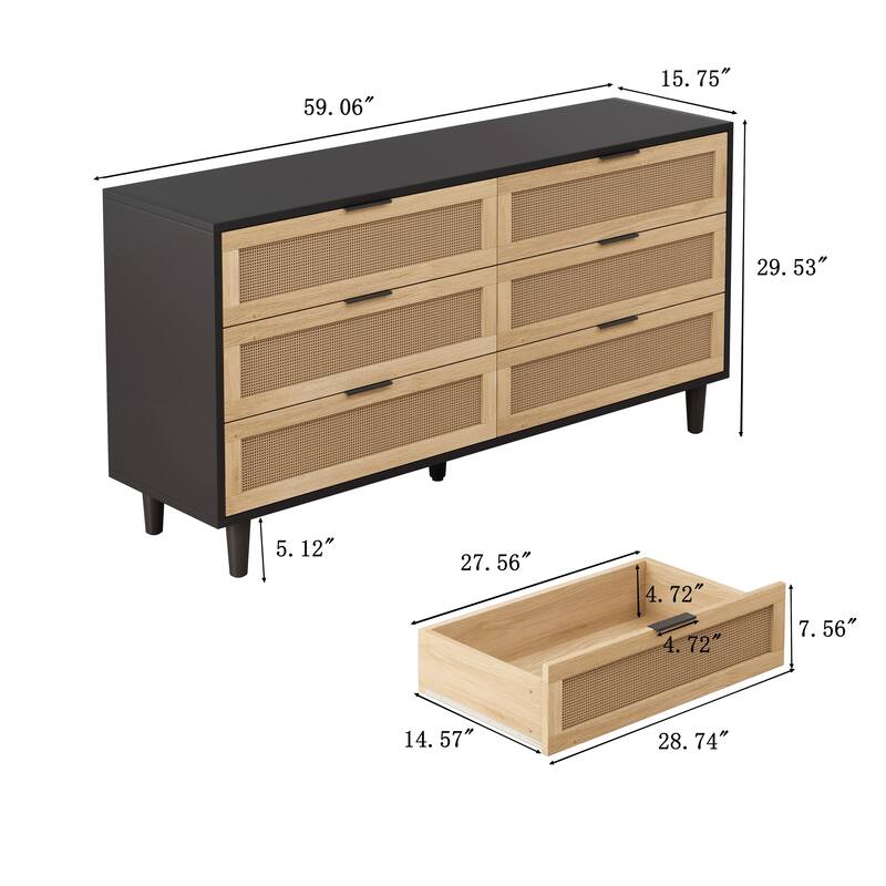6-Drawers Rattan Storage Cabinet with White Drawer Slides