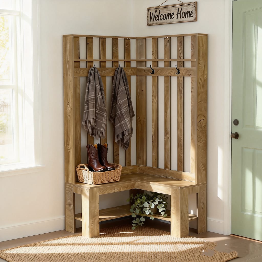 L-Shaped Entryway Hall Tree with Shoe Storage Shelf and 4 Hooks