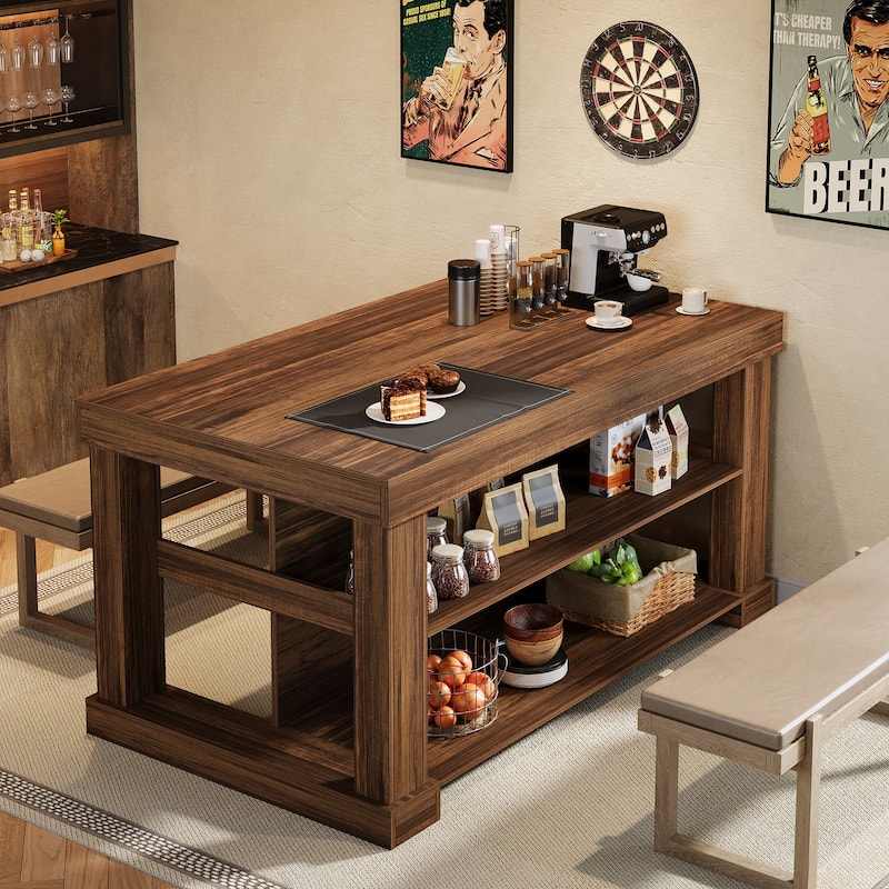 55-Inch Stationary Kitchen Island with Storage Shelves and Large Worktop, Farmhouse Style, Light Brown