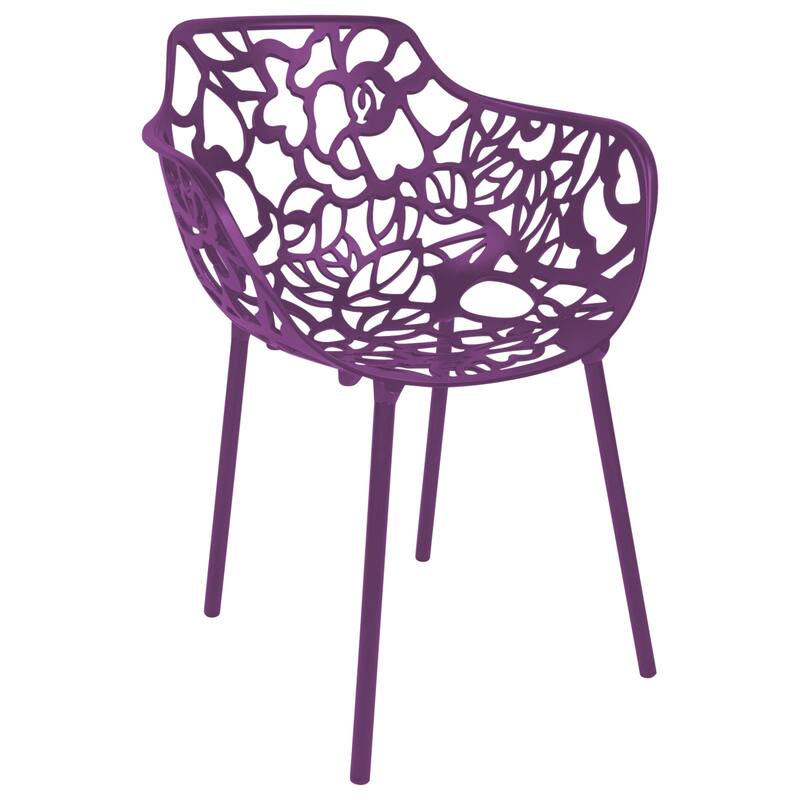 Devon Aluminum Dining Armchair with Floral Cutouts – Stackable, UV-Protected, Indoor/Outdoor Patio Side Chair - Purple