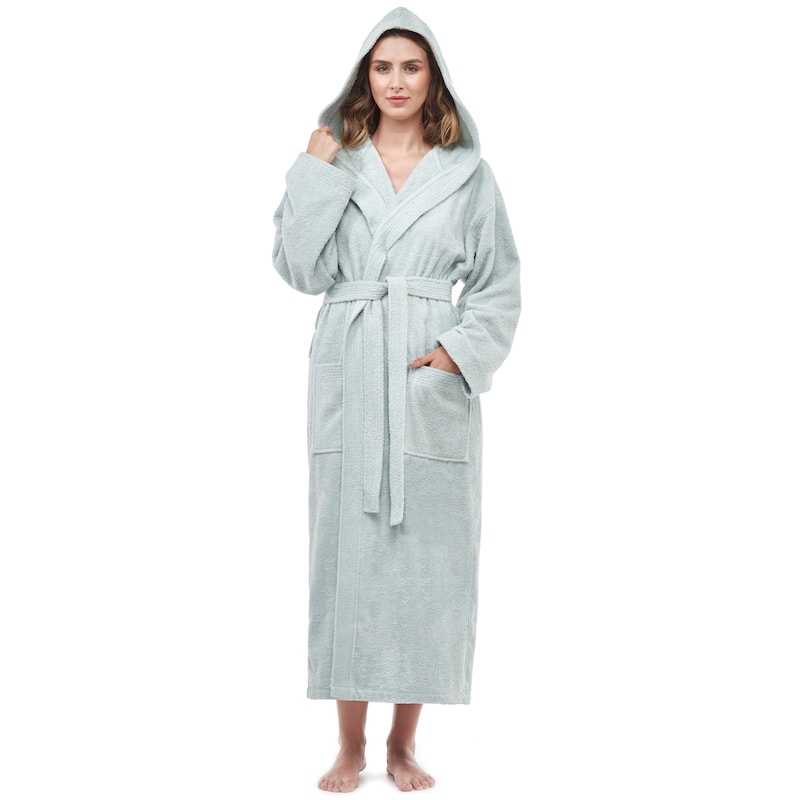 Soft Turkish Terry Cotton Women's Hooded Bathrobe - Seafoam - S