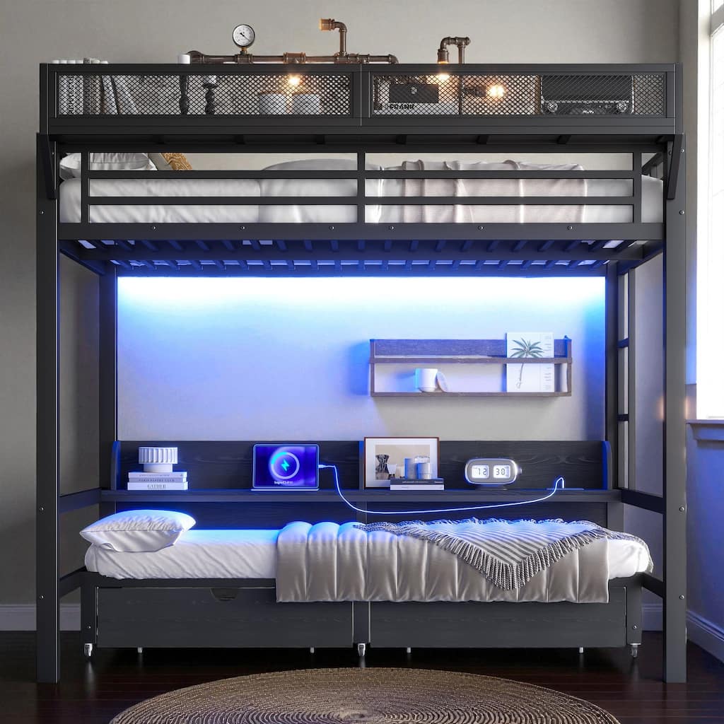 Queen over Queen/Twin XL over Twin XL Metal Bunk Bed with Storage Shelves, Drawers, USB Ports & LED Lights