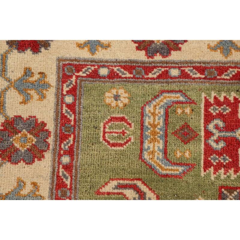 Light Green Geometric Kazak Accent Rug Handmade Wool Carpet - 3'4" x 4'7"