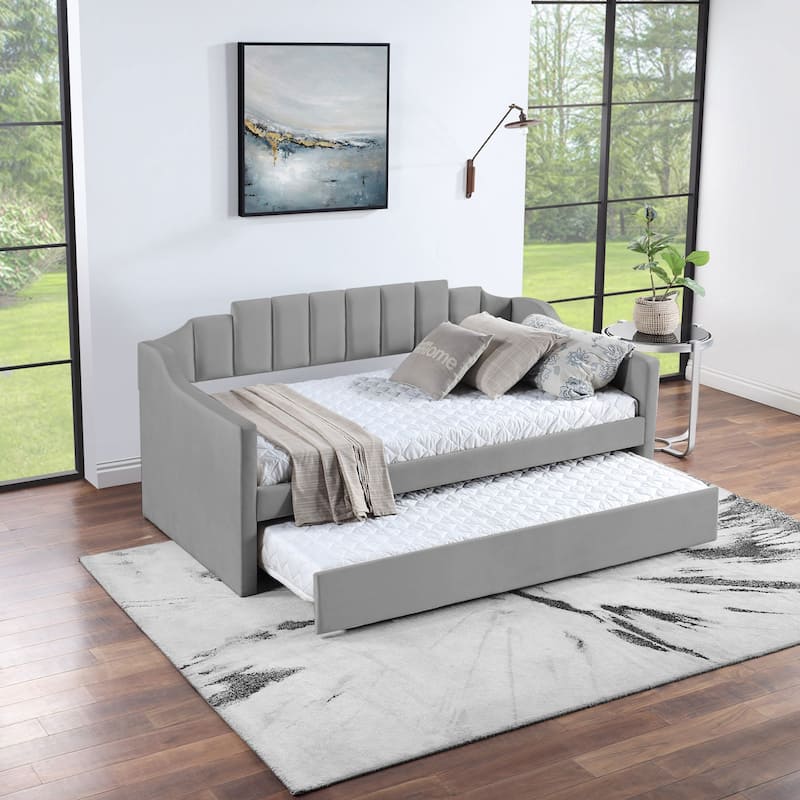 Grey Twin Size Upholstered Velvet Tufted Daybed with Trundle