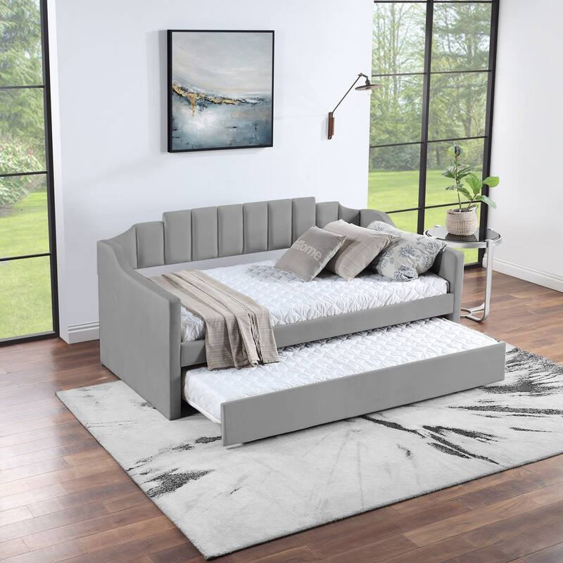 Modern Twin Size Upholstered Velvet Daybed with Trundle