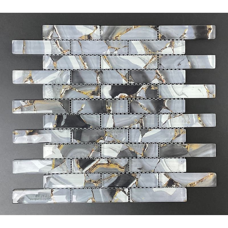 Glass Mosaic - 1 x 4 Brick Pattern Wall Mosaic Tiles - Case (10 Sheets) - Gray Black and Gold