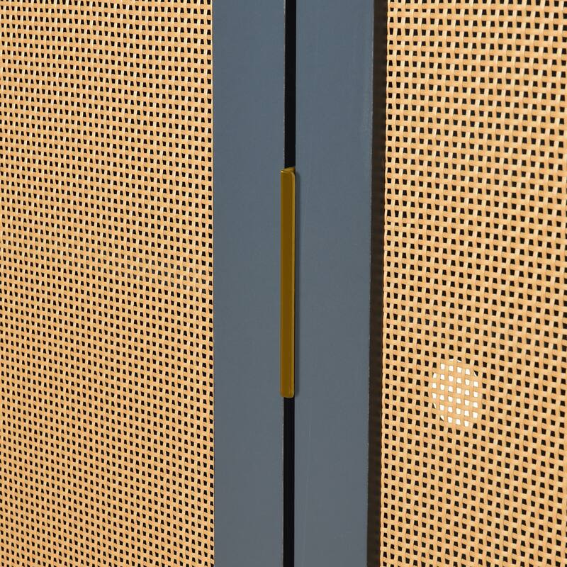 Curved Sideboard with Woven Rattan Doors and Open Storage - Dark Grey