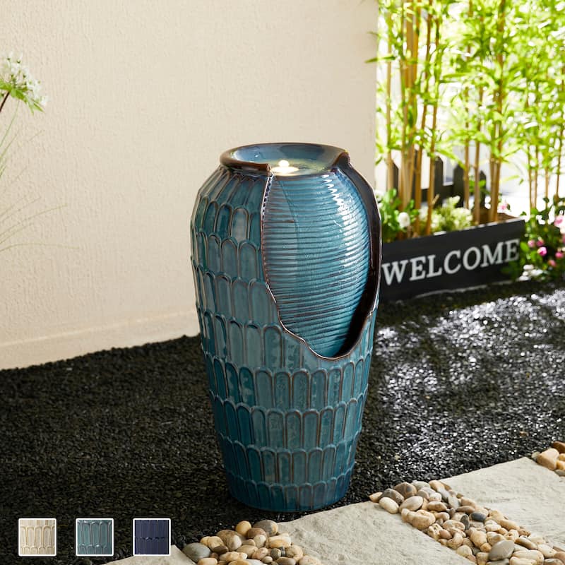 Glitzhome 28"H Oversized Petals Textured Ceramic Jar Outdoor Waterfall Fountain
