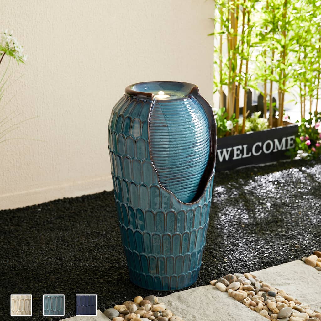 Glitzhome 28"H Oversized Petals Textured Ceramic Jar Outdoor Waterfall Fountain