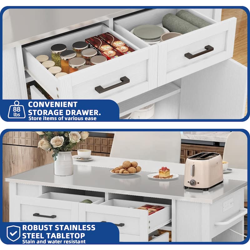 Moasis Drop Leaf Kitchen Island Cart with Stainless Steel Top And Power Outlets