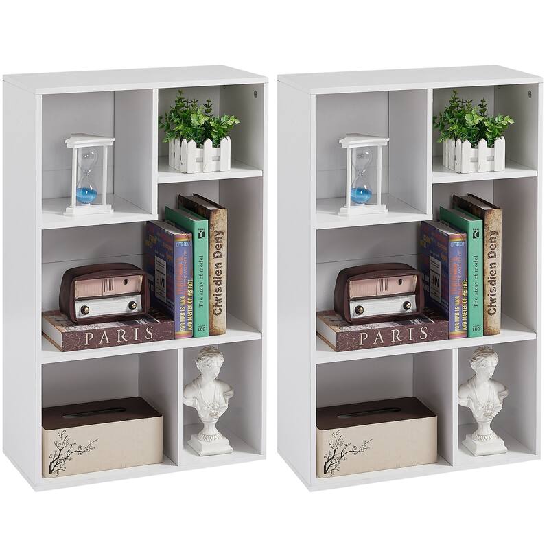 VECELO Widened Version Bookace(Set of 2), 3-Tier Five Open Cube Wooden Bookcase Organizer, Bookshelf