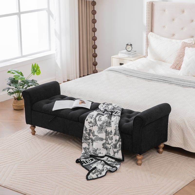 Large Storage Ottoman Bench, End of Bed Bench with Rolled Arms, Wood Legs, Button Tufted Storage Bench with Double Lids