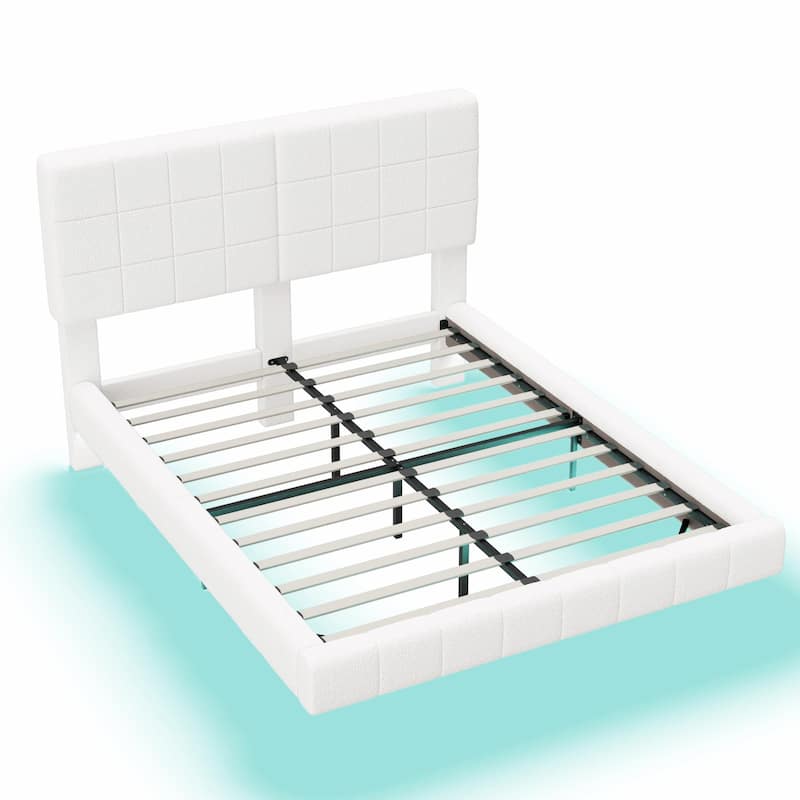 White Bouclé Floating Bed with Ambient Light