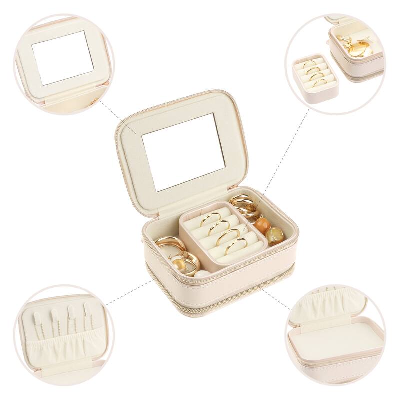 Travel Jewelry Box with Mirror for Girls' Gifts, Small Portable PU Leather Jewelry Organizer Case Storage Display Holder