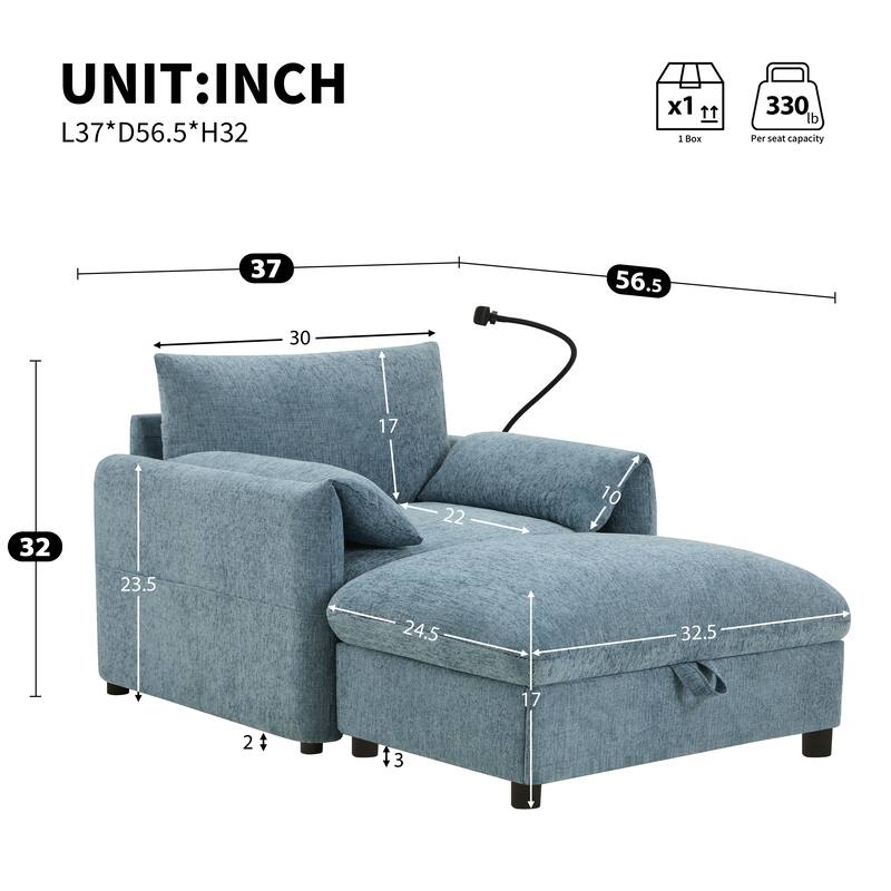 Roomfitters 37" Single Sofa with Storage Ottoman, Chenille Armchair with Phone Holder and Charging Ports, Lounge Chair
